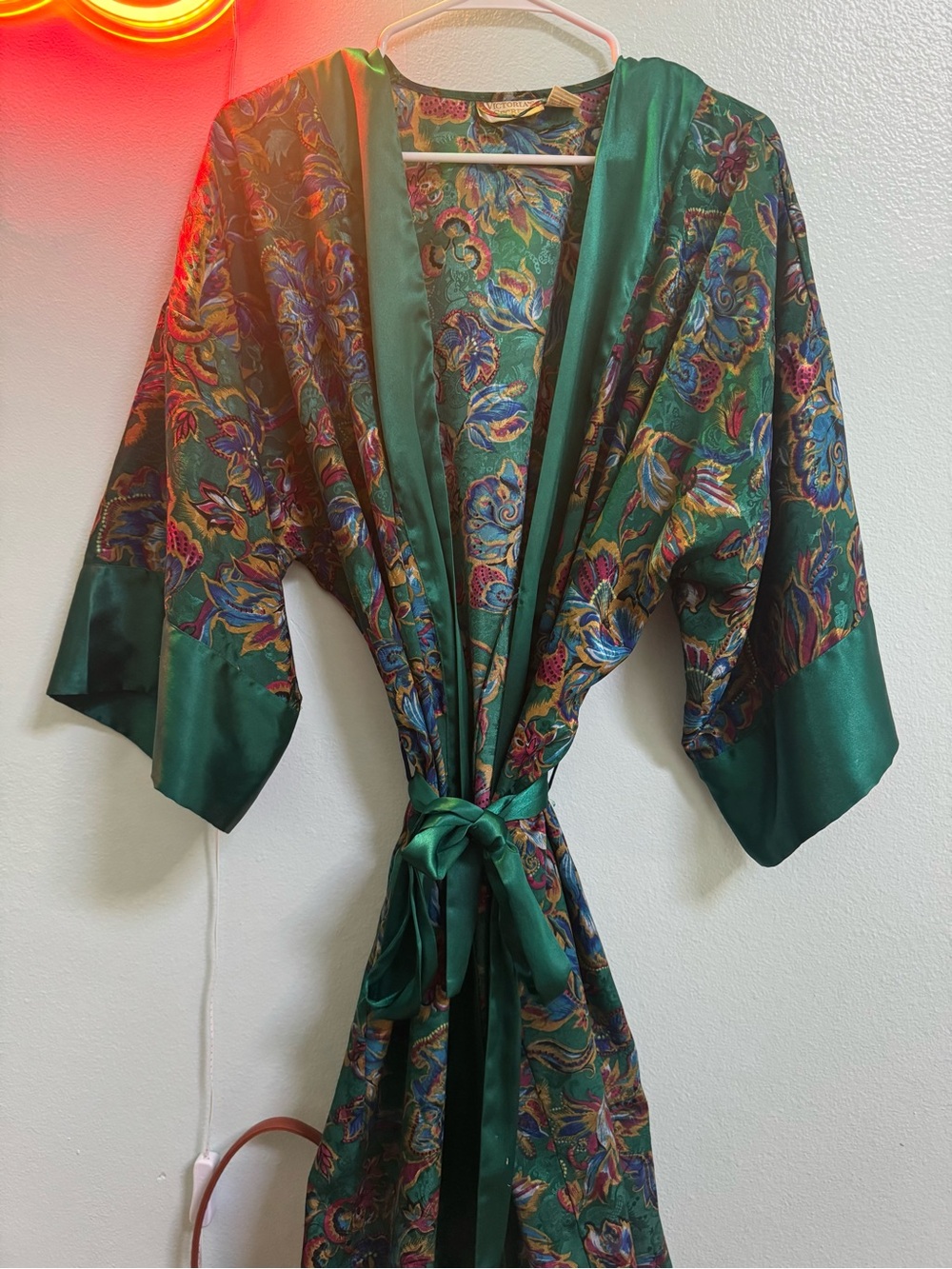 Vintage Victoria's Secret Teal Floral Satin Robe with Multicolor Accents